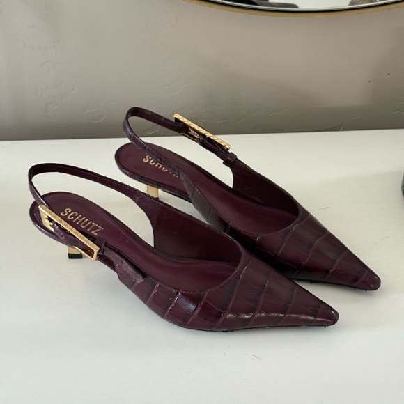 SCHUTZ Burgundy Croc-Embossed Slingback Heels - Picture 13 of 16